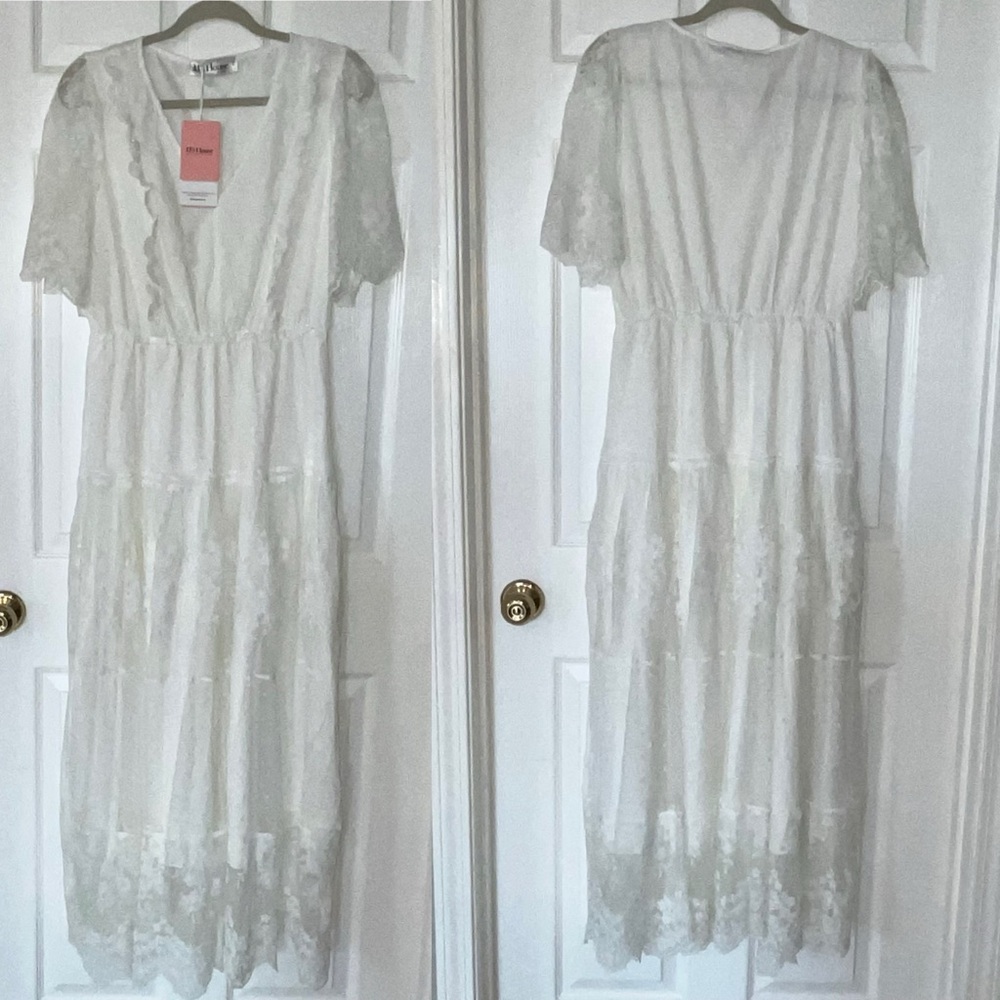 JJ's House Flower Ruffle V-Neck A-line Lace Maxi Dress #‎ 288443 White Large NEW - Picture 2 of 14